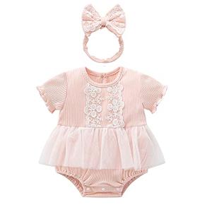 ベビー服 ボディースーツ半袖ワンピース女の子夏 チュールスカートカバーオール髪飾り 赤ちゃん出産準備贈り物フリル無地刺繍ピンク6Ｍ｜tamari-do