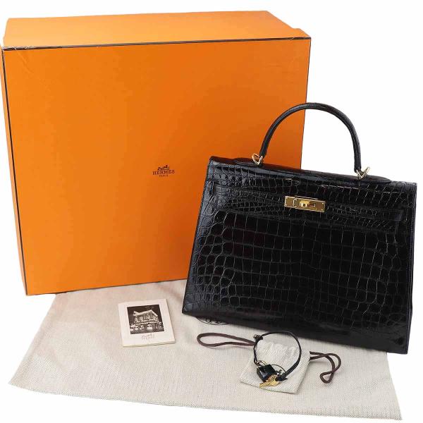 Hermes エルメス ケリー35 クロコダイル ニロティカス ○M ブラック ゴールド金具 ストラ...