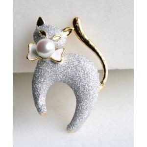 金猫 ネコ パール6mmブローチ 伊勢志摩産 アコヤ真珠 Pearl 誕生日