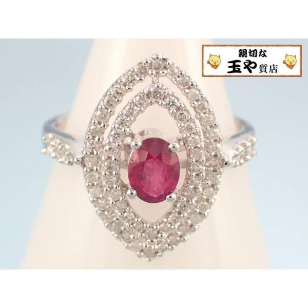 リング ルビー0.35ct ダイヤ0.37ct K18WG マーキス 11号 新品同様