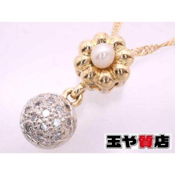 パール 1P ダイヤ0.17ct フラワー ボール スクリュー ネックレス K18YG WG