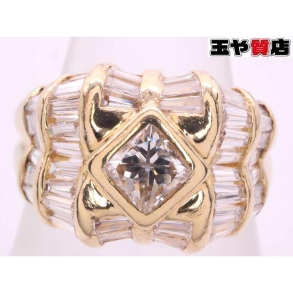 プリンセスカットダイヤ+テーパーダイヤ 2.35ct デザインリング18号 K18YG イエローゴー...