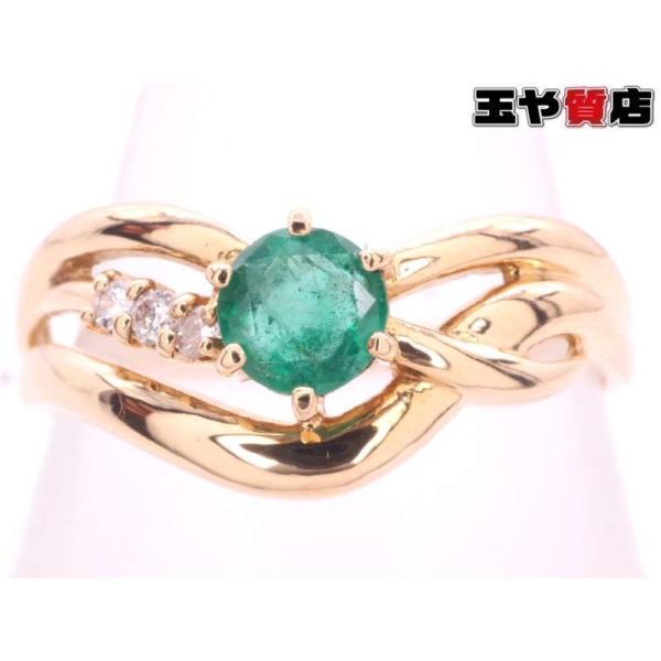 エメラルド0.33ct ダイヤ0.03ct デザインリング 19号弱 K18YG イエローゴールド