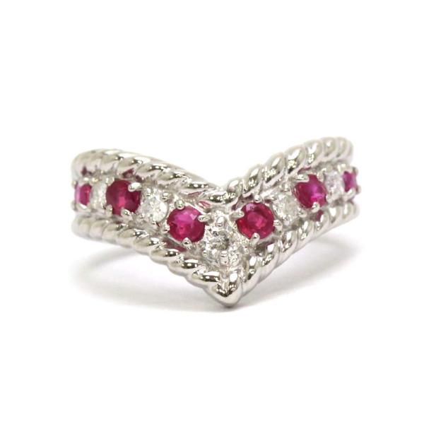 Pt900 ルビー&amp;ダイヤモンドV字ピンキーリング 0.34ct/0.13ct 4号 プラチナ 指輪...