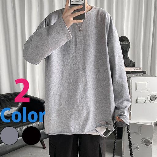 メンズ 長袖 Tシャツ ロングTシャツ 裾ダメージ