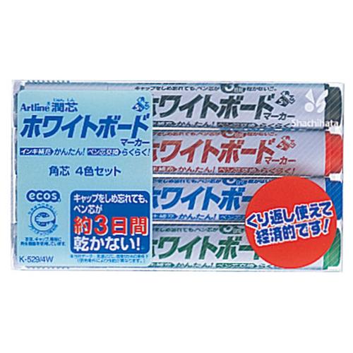 シヤチハタ　アートライン潤芯ホワイトボードマーカー　太字角芯　４色（各色１本）　Ｋ−５２９／４Ｗ　１...