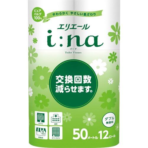 エリエール　ｉ：ｎａ（イーナ）トイレットティシュー　ダブル　芯あり　５０ｍ　無香料　１パック（１２ロ...