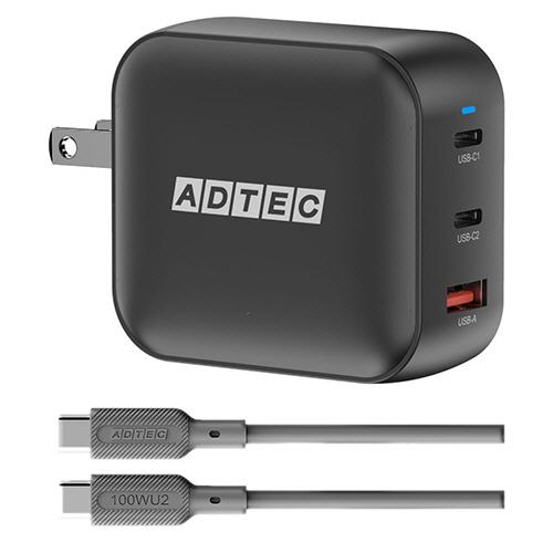 ＰＤ対応　ＧａＮ　ＡＣ充電器　ケーブル付　１００Ｗ　Ｔｙｐｅ−Ａ×１／Ｔｙｐｅ−Ｃ×２　ブラック　Ａ...