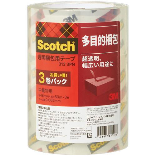 ３Ｍ　スコッチ　透明梱包用テープ　中・軽量物用　４８ｍｍ×５０ｍ　３１３−３ＰＮ　１パック（３巻）