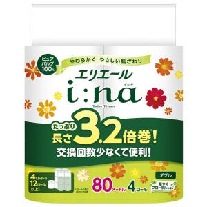 大王製紙　エリエール　ｉ：ｎａ（イーナ）トイレットティシュー　３．２倍巻　ダブル　芯あり　８０ｍ　１パック（４ロール）