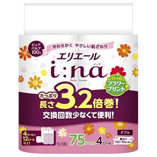エリエール　ｉ：ｎａ（イーナ）トイレットティシュー　３．２倍巻　フラワープリント　ダブル　芯あり　７...