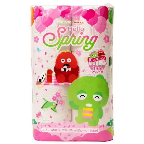 丸富製紙　トイレットペーパー　ガチャピンムック　再生紙　ハロースプリング　ダブル　２５ｍ　１セット（...