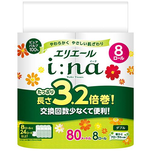 エリエール　ｉ：ｎａ（イーナ）トイレットティシュー　３．２倍巻　ダブル　芯あり　８０ｍ　華やぐフロー...