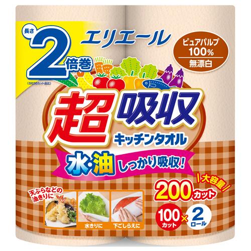 エリエール　超吸収キッチンタオル　無漂白　１００カット／ロール　４８ロール（２ロール×２４パック） ...