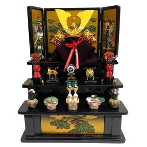 五月人形 コンパクト 鎧飾り 伊達公鎧緋 木製三段飾り大（茶）龍虎