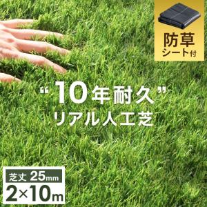 人工芝 防草シート付 ロール 2m×10m 芝丈25mm U字 ピン 48本セット 10年耐久 高密度52万本/ｍ2 リアル人工芝 高耐久 庭 ベランダ 屋上 テラス 超大型商品｜tansu