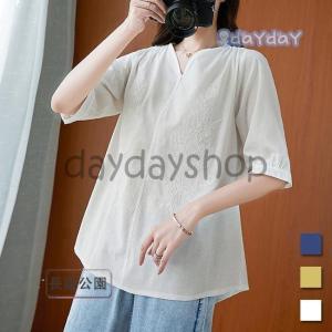 半袖Tシャツ レディース Tシャツ ゆったり ブラウス 夏 刺繍ブラウス 半袖 リネンブラウス リネンシャツ Vネック レトロ エスニック風｜taohua0224