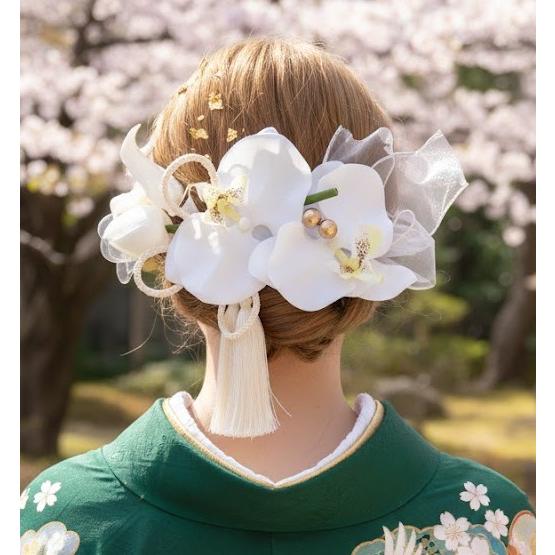 【国産髪飾りTata8】高級造花胡蝶蘭×2 チューリップ 成人式 結婚式 卒業式 卒業袴 振袖 和装...