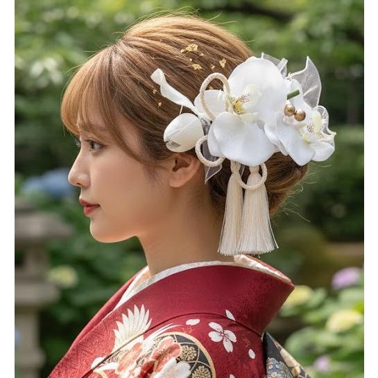 髪飾り 卒業式 袴 結婚式 成人式 振袖 前撮り ヘアピン付 高級造花胡蝶蘭×2 チューリップ 和装...