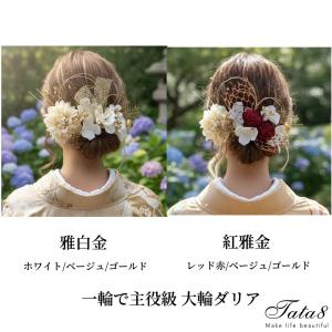【髪飾り】大輪造花ダリア 卒業式 袴 成人式 振袖 結婚式 ウェディング 着物 和装 七五三 白無垢 全髪型 シニヨン 水引き 金箔 リボン 和玉 赤/ゴールド/白9912h