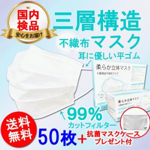 マスク 不織布 50枚 送料無料 マスクケースプレゼント 大人用 白 耳が痛くならない 平ゴム 3層構造 花粉症対策