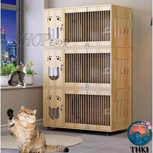 木製＆キャスター付き キャットケージ 猫用ケージ 脱走防止 ねこゲージ 大きめ室内用 子猫用にも最適ステップ 横扉 多頭飼い 組み立て簡単 ねこ移動便利 シ