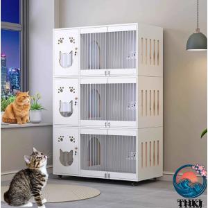 木製＆キャスター付き キャットケージ 猫用ケージ 脱走防止 ねこゲージ 大きめ室内用 子猫用にも最適ステップ 横扉 多頭飼い 組み立て簡単 ねこ移動便利 シン