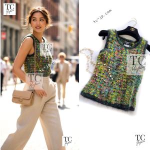 シャネル ヴィンテージ トップス CHANEL グリーン マルチカラー ファンタジー CC タンクトップ ニット カール ラガーフェルド 超美品 38 40