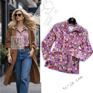 美品 CHANEL シャネル シュペット ココマークプリント リボンタイ付き ノースリーブ シルクブラウス P55021 サイズ34 グレー系 レディース 古着 中古 USED CHANEL（シャネル） 美品 シュペット ココマークプリント リボンタイ
