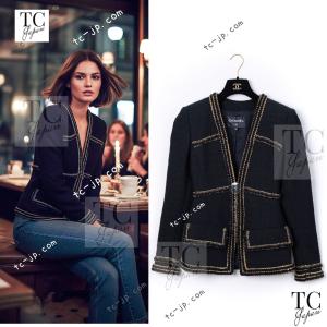 シャネル ジャケット CHANEL ブラック ゴールド トリミング ウール カール・ラガーフェルド メティエダールコレクション 貴重 超美品 34