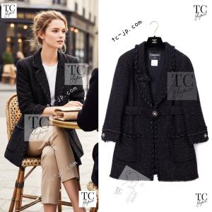 シャネル ジャケット コート CHANEL ブラック ブルー メタリック ウール カシミヤ ツイード カール・ラガーフェルド 超美品 38