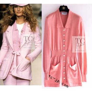 シャネル カーディガン CHANEL ヴィンテージ アプリコット ピンク カシミヤ シルク チュニック カール・ラガーフェルド 超美品 38