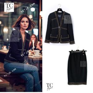 シャネル ジャケット スーツ CHANEL ブラック ゴールド トリミング ウール スカート メティエダールコレクション 貴重 超美品 34