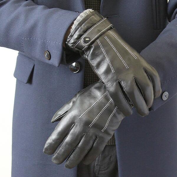 本革 手袋 メンズ 羊革 裏ボア ベルト付 ステッチ 紳士 革 レザー グローブ 通勤 通学 防寒 ...