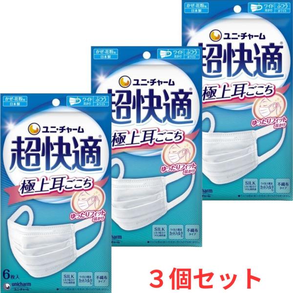 3個セット ユニ・チャーム 超快適 マスク 極上耳ごこち ふつう 6枚入 日本製 花粉症 西宮倉庫