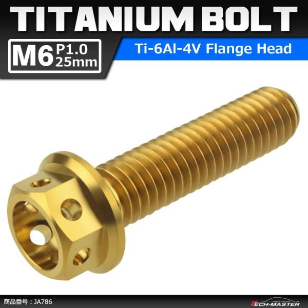 64チタンボルト M6×25mm P1.0 ホールヘッド 六角ボルト フランジ付 ゴールドカラー 1...