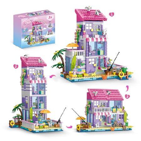 3 in 1 Pink Girls Beach House Building Set with Li...