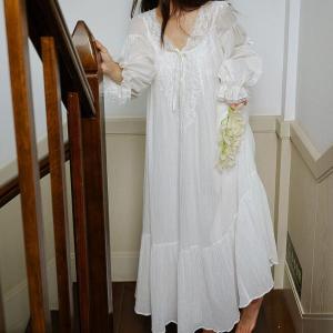 ロング丈 ネグリジェ 春秋冬 ワンピース パジャマ 長袖 綿 レース お姫様 ルームウェア ネグリジェドレス ゆったり 着心地良い 可愛い ナイトドレス 部屋着 寝巻｜teclabo2