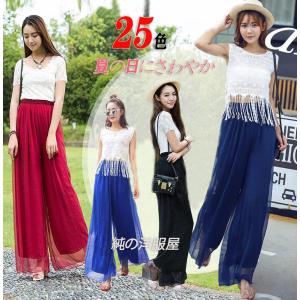 シフォン ワイドパンツ ガウチョパンツ ロング丈...の商品画像