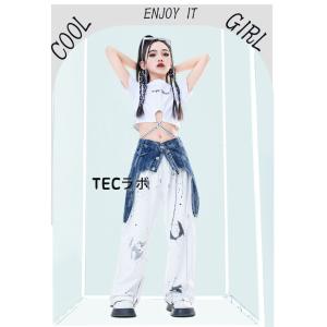 キッズダンス衣装 へそ出し シャツ 白パンツ ...の詳細画像2