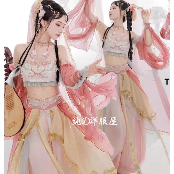 中華風アラビアン コスプレ衣装 ピンク系 ベールとリボンの姫袖付き ひらひらの5点セット 大人 中華...