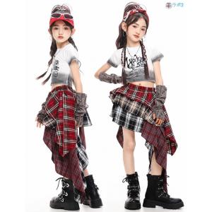 赤灰 スカート チェック柄 キッズ へそ出し ...の詳細画像5