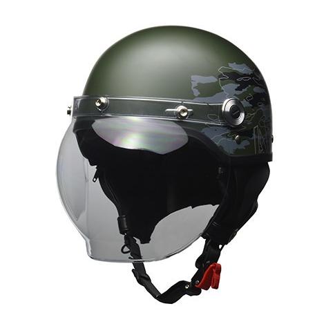 【LEAD リード工業】 開閉式バブルシールドを装備した ハーフヘルメット ミリタリーグリーン  フ...
