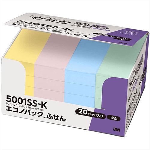 3M Post-it ポストイット エコノパック強粘着付箋 パステルカラー4色 3M-5001SS-...