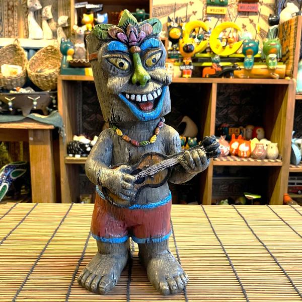 ティキ オブジェ ハワイ 置物 ウクレレ 神話 神様 ポリネシア 大き目 幸せ 縁起 楽しい