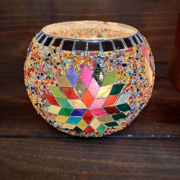 キャンドルホルダー ガラス 丸形 マルチカラー ステンドグラス風 モロッコ風 インテリア オブジェ ...