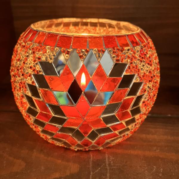 キャンドルホルダー ガラス 丸形 レッド ステンドグラス風 モロッコ風 インテリア オブジェ 綺麗