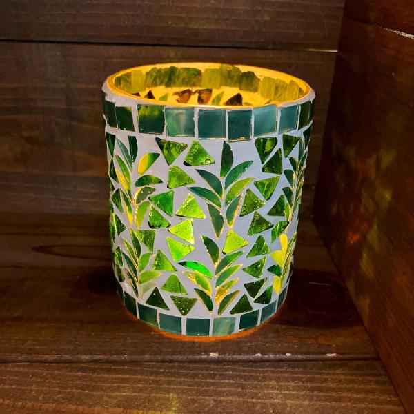 キャンドルホルダー モザイクガラス グリーン リーフ 葉っぱ模様 可愛い オブジェ インテリア