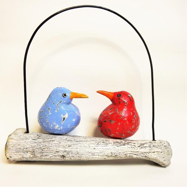 鳥 オブジェ 木彫り 枝に２羽 小鳥 吊るす飾り レッド ブルー コロコロバード カップル
