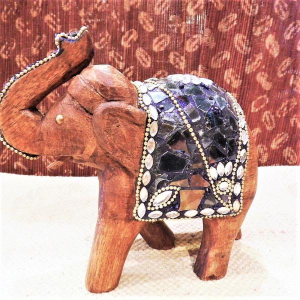 ゾウ 置物 木製 ビーズ ガラス 綺麗 インド アジアン オブジェ 象 木彫り 手作り ビーズウッド...